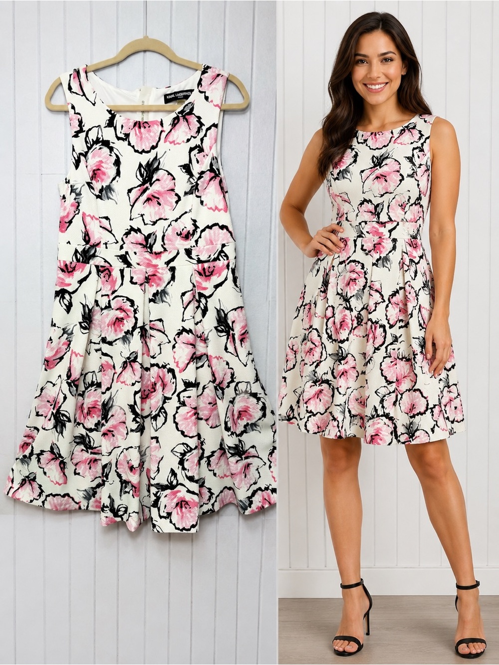 KARL LAGERFELD Paris Floral Print A-line Sleeveless Dress Size 12 Pink Black